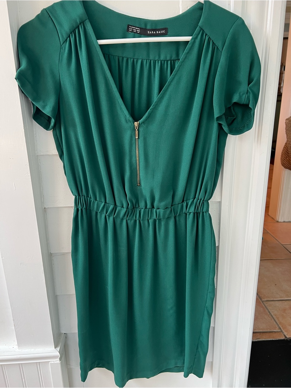 Zara Emerald Green V-Neck Midi Dress with Front Zip